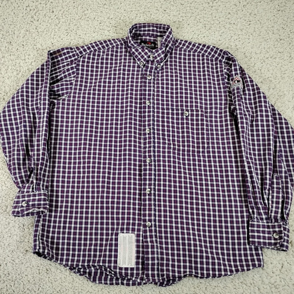 Bulwark FR Shirt Mens Medium Purple Check Work Fire Flame Resistant Chore Pocket